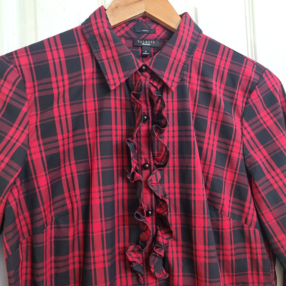 Talbots Stretch Long Sleeve Red Black Plaid Popover Blouse Ruffle Preppy Size 6 - Picture 2 of 9
